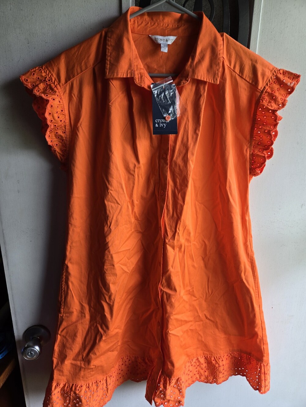 crown & ivy Bright Orange Eyelet-Trim Button Front Tunic Dress NWT
